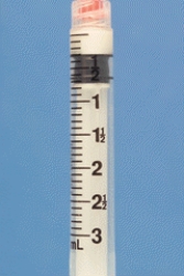 Identify the dosage measured on the syringe.  