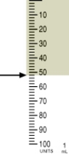 Identify the correct dose of insulin in the syringe.   A)  54 units B)  55 units C)  52 units D)  51 units