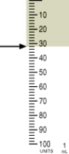 Identify the correct dose of insulin in the syringe.   A)  30 units B)  35 units C)  31 units D)  32 units