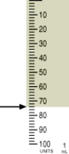 Identify the correct dose of insulin in the syringe.   A)  70 units B)  73 units C)  72 units D)  74 units