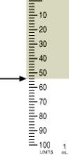 Identify the correct dose of insulin in the syringe.   A)  54 units B)  53 units C)  50 units D)  52 units