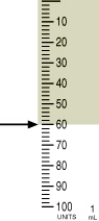 Identify the correct dose of insulin in the syringe.   A)  59 units B)  58 units C)  60 units D)  62 units