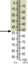 Identify the correct dose of insulin in the syringe.   A)  50 units B)  53 units C)  52 units D)  55 units