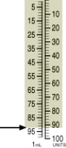 Identify the correct dose of insulin in the syringe.   A)  92 units B)  93 units C)  90 units D)  94 units