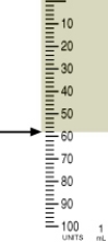 Identify the correct dose of insulin in the syringe.   A)  56 units B)  55 units C)  58 units D)  54 units