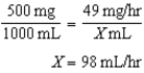 25-49 mg/hr; 50-98 mL/hr 0.4 mg/kg/hr × 61.4 kg = 24.56 = 25 mg/hr 0.8 mg/kg/hr × 61.4 kg = 49.12 = 49 mg/hr The dosage range is 25-49 mg/hr.         The flow rate range is 50-98 mL/hr.