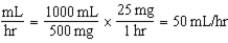 25-49 mg/hr; 50-98 mL/hr 0.4 mg/kg/hr × 61.4 kg = 24.56 = 25 mg/hr 0.8 mg/kg/hr × 61.4 kg = 49.12 = 49 mg/hr The dosage range is 25-49 mg/hr.         The flow rate range is 50-98 mL/hr.