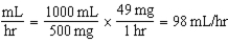 25-49 mg/hr; 50-98 mL/hr 0.4 mg/kg/hr × 61.4 kg = 24.56 = 25 mg/hr 0.8 mg/kg/hr × 61.4 kg = 49.12 = 49 mg/hr The dosage range is 25-49 mg/hr.         The flow rate range is 50-98 mL/hr.