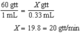 68-102 mg; 14-20 gtt/min 4 mg/kg/dose × 17 kg = 68 mg 6 mg/kg/dose × 17 kg = 102 mg The dosage range is 68-102 mg.     14 mL ÷ 60 min = 0.23 mL/min 20 mL ÷ 60 min = 0.33 mL/min         The flow rate range is 14-20 gtt/min.