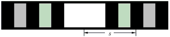 Light of wavelength 600 nm is incident upon a single slit with width 4 × 10<sup>-</sup><sup>4</sup> m. The figure shows the pattern observed on a screen positioned 2 m from the slits. Determine the distance s.   A) 0.002 m B) 0.003 m C) 0.004 m D) 0.006 m E) 0.008 m