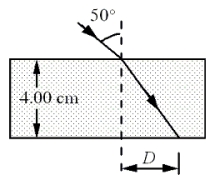 A ray of light passes from air into a block of glass with a refractive index of 1.59 as shown in the figure. Note: The drawing is not to scale.   What is the value of the distance D? A) 1.42 cm B) 1.66 cm C) 1.93 cm D) 2.19 cm E) 2.38 cm
