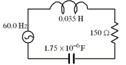 Use the information given in the figure for the series RCL circuit to determine the phase angle between the current and the voltage.   A) zero degrees B) +5.3° C) -9.6° D) -84° E) +90°
