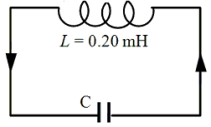 An oscillating LC circuit has a resonant frequency of 1.2 × 10<sup>6 </sup>Hz. The diagram shows the system at t = 0 s when there is no charge on the capacitor and the current is in the direction shown. At this time, the energy stored in the inductor is 2.5 × 10<sup>-</sup><sup>7 </sup>J.   -Determine the numerical value of the capacitance. A) 2.4 × 10<sup>-</sup><sup>11</sup> F B) 3.6 × 10<sup>-</sup><sup>11</sup> F C) 4.4 × 10<sup>-</sup><sup>11</sup> F D) 6.8 × 10<sup>-</sup><sup>11</sup> F E) 8.8 × 10<sup>-</sup><sup>11</sup> F