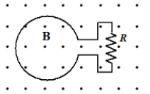  The figure shows a uniform, 3.0-T magnetic field that is normal to the plane of a conducting, circular loop with a resistance of 1.5  \varOmega  and a radius of 0.024 m. The magnetic field is directed out of the paper as shown. Note: The area of the non-circular portion of the wire is considered negligible compared to that of the circular loop.   -If the magnetic field is held constant at 3.0 T and the loop is pulled out of the region that contains the field in 0.2 s, what is the magnitude of the average induced emf in the loop? A) 8.6 × 10<sup>-</sup><sup>3</sup> V B) 9.8 × 10<sup>-</sup><sup>2</sup> V C) 2.7 × 10<sup>-</sup><sup>2</sup> V D) 5.4 × 10<sup>-</sup><sup>2</sup> V E) 6.4 × 10<sup>-</sup><sup>2</sup> V 