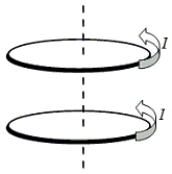 Two conducting loops carry equal currents I in the same direction as shown in the figure. If the current in the upper loop suddenly drops to zero, what will happen to the current in the lower loop according to Lenz's law?   A) The current in the lower loop will decrease. B) The current in the lower loop will increase. C) The current in the lower loop will not change. D) The current in the lower loop will also drop to zero. E) The current in the lower loop will reverse its direction.