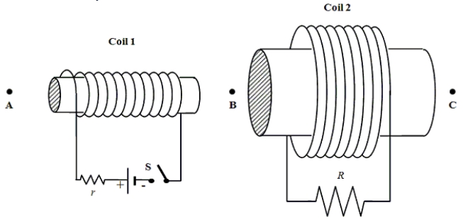 Two coils, 1 and 2, with iron cores are positioned as shown in the figure. Coil 1 is part of a circuit with a battery and a switch.   -Assume the switch S has been closed for a long time. Which one of the following statements is true? A) An induced current will flow from right to left in R. B) An induced current will flow from left to right in r. C) A magnetic field that points toward B appears inside coil 1. D) An induced magnetic field that points toward B appears inside coil 2. E) A current will pass through r, but there will be no current through R.