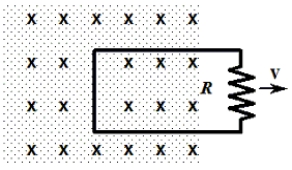  A loop is pulled with a force F to the right to maintain a constant speed of 8.0 m/s. The loop has a length of 0.15 m, a width of 0.080 m, and a resistance of 200.0  \varOmega . At the instant shown, the loop is partially in and partially out of a uniform magnetic field that is directed into the paper. The magnitude of the field is 1.2 T.   -What is the magnitude of the emf induced in the loop? A) zero volts B) 0.77 V C) 1.4 V D) 4.9 V E) 9.6 V 