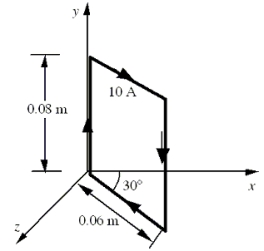A rectangular loop has sides of length 0.06 m and 0.08 m. The wire carries a current of 10 A in the direction shown. The loop is in a uniform magnetic field of magnitude 0.2 T and directed in the positive x direction. What is the magnitude of the torque on the loop?   A) 2 × 10<sup>-</sup><sup>2</sup> N . m B) 4 × 10<sup>-</sup><sup>2</sup> N . m C) 5 × 10<sup>-</sup><sup>3</sup> N . m D) 8 × 10<sup>-</sup><sup>3</sup> N . m E) 1 × 10<sup>-</sup><sup>4</sup> N . m
