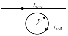 The radius of a coil of wire with N turns is r = 0.28 m. A clockwise current of I<sub>coil </sub>= 1.0 A flows in the coil, as shown. A long, straight wire carrying a current I<sub>wire</sub> <sub> </sub>= 29 A toward the left is located 0.04 m from the edge of the coil. The magnetic field at the center of the coil is zero tesla. Determine N, the number of turns.   A) 8 B) 2 C) 6 D) 4 E) 1