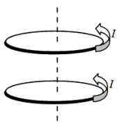 Two loops carry equal currents I in the same direction. The loops are held in the positions shown in the figure and are then released. Which one of the following statements correctly describes the subsequent behavior of the loops?   A) Both loops move to the left. B) The loops remain in the positions shown. C) The top loop moves to the right; the bottom loop moves to the right. D) The loops repel each other. E) The loops attract each other.