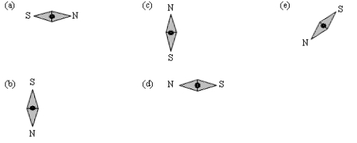 Two loops carry equal currents I in the same direction. They are held in the positions shown in the figure and project above and below the plane of the paper. The point P lies exactly halfway between them on the line that joins their centers. The centers of the loops and the point P lie in the plane of the paper. Which one of the figures below shows the position of a compass needle if the compass were placed in the plane of the paper at P?     A) a B) b C) c D) d E) e