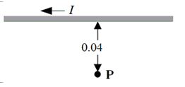 A long, straight wire is carrying a current of 5.0 A in the direction shown in the figure. The point P is 0.040 m from the wire.   -What is the magnitude of the magnetic field at the point P? A) 1.3 × 10<sup>-</sup><sup>5</sup> T B) 1.9 × 10<sup>-</sup><sup>5</sup> T C) 2.5 × 10<sup>-</sup><sup>5</sup> T D) 7.9 × 10<sup>-</sup><sup>5</sup> T E) 9.4 × 10<sup>-</sup><sup>5</sup> T