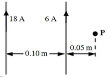 Two long, straight wires separated by 0.10 m carry currents of 18 A and 6 A in the same direction as shown.   -What is the direction of the magnetic field at the point P? A) to the left of the page B) to the right of the page C) toward the bottom of the page D) out of the plane of the page E) into the plane of the page