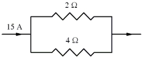 Two resistors are arranged in a circuit that carries a total current of 15 A as shown in the figure. Which one of the entries in the following table is correct?     A)    B)    C)    D)    E)   