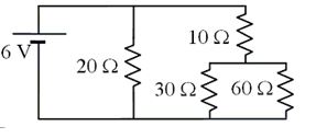 <strong>Four resistors and a 6-V battery are arranged as shown in the circuit diagram. -The smallest current passes through which resistor(s)?</strong> A)the 10- \varOmega resistor B)the 20- \varOmega resistor C)the 30- \varOmega resistor D)the 60- \varOmega resistor E)It is the same and the smallest in the 30- \varOmega and 60- \varOmega resistors.