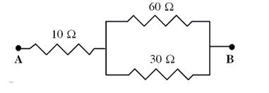  Three resistors are placed in a circuit as shown. The potential difference between points A and B is 30 V.   -What is the potential drop across the 10- \varOmega  resistor? A) 10 V B) 20 V C) 30 V D) 60 V E) 100 V 
