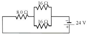  Three resistors are connected in a circuit as shown. Using Kirchhoff's rules, determine the current in one of the 16- \varOmega  resistors.   A) 0.50 A B) 0.75 A C) 1.0 A D) 1.3 A E) 2.0 A 