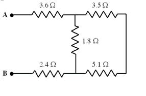 <strong>Five resistors are connected as shown in the diagram. The potential difference between points A and B is 25 V. -What is the current through the 3.6- \varOmega resistor?</strong> A)1.3 A B)3.3 A C)6.9 A D)7.5 A E)25 A