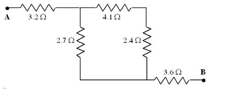 <strong>Five resistors are connected as shown in the diagram. The potential difference between points A and B is 15 V. -What is the current in the 2.7- \varOmega resistor?</strong> A)12 A B)0.8 A C)2.2 A D)0.4 A E)1.2 A