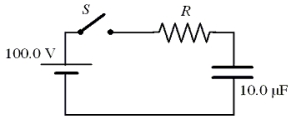  The figure shows a simple RC circuit consisting of a 100.0-V battery in series with a 10.0-µF capacitor and a resistor. Initially, the switch S is open and the capacitor is uncharged. Two seconds after the switch is closed, the voltage across the resistor is 37 V.   -Determine the numerical value of the resistance R. A) 0.37  \varOmega  B) 2.70  \varOmega  C) 5.0 × 10<sup>4 </sup> \varOmega  D) 2.0 × 10<sup>5 </sup> \varOmega  E) 4.3 × 10<sup>5 </sup> \varOmega