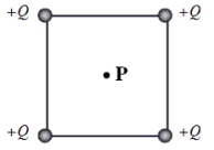 Four point charges are individually brought from infinity and placed at the corners of a square as shown in the figure. Each charge has the identical value +Q. The length of the diagonal of the square is 2a.   -What is the electric potential at P, the center of the square? A) kQ/a B) 2kQ/a C) 4kQ/a D) kQ/4a E) zero volts