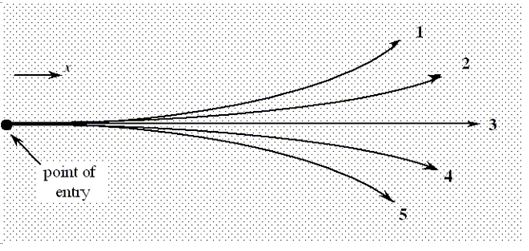 Five particles are shot from the left into a region that contains a uniform electric field. The numbered lines show the paths taken by the five particles. A negatively charged particle with a charge -3Q follows path 2 while it moves through this field. Do not consider any effects due to gravity.   -In which direction does the electric field point? A) toward the top of the page B) toward the left of the page C) toward the right of the page D) toward the bottom of the page E) out of the page, toward the reader