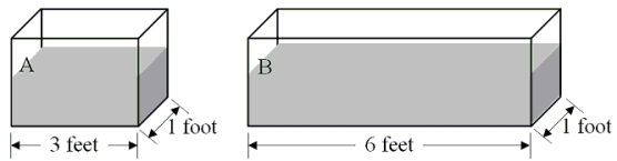 The figure shows two fish tanks, each having ends of width 1 foot. Tank A is 3 feet long while tank B is 6 feet long. Both tanks are filled with 1 foot of water.     Using the notation given above, which one of the following sets of equations below is correct for this situation? A) S<sub>A</sub> = S<sub>B</sub> and B<sub>A</sub> = B<sub>B</sub> B) S<sub>A</sub> = 2S<sub>B</sub> and B<sub>A</sub> = B<sub>B</sub> C) 2S<sub>A </sub>= S<sub>B</sub> and 2B<sub>A</sub> = B<sub>B</sub> D) S<sub>A</sub> = S<sub>B</sub> and 2B<sub>A</sub> = B<sub>B</sub> E) S<sub>A</sub> = 2S<sub>B</sub> and B<sub>A</sub> = 2B<sub>B</sub>