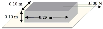 The brick shown in the drawing is glued to the floor. A 3500-N force is applied to the top surface of the brick as shown. If the brick has a shear modulus of 5.4 × 109 N/m<sup>2</sup>, how far to the right does the top face move relative to the stationary bottom face?   A) 5.8 × 10<sup>-</sup><sup>6</sup> m B) 2.6 × 10<sup>-</sup><sup>6</sup> m C) 1.1 × 10<sup>-</sup><sup>6</sup> m D) 6.5 × 10<sup>-</sup><sup>7</sup> m E) 3.4 × 10<sup>-</sup><sup>7</sup> m