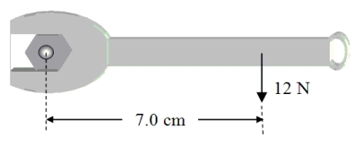 A wrench is used to tighten a nut as shown in the figure. A 12-N force is applied 7.0 cm from the axis of rotation. What is the magnitude of the torque due to the applied force?   A) 0.58 N . m B) 0.84 N . m C) 1.71 N . m D) 14 N . m E) 58 N . m