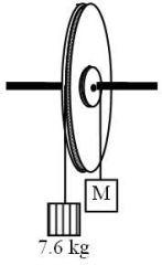 In the drawing shown, the large wheel has a radius of 7.1 m. A rope is wrapped around the edge of the wheel and a 7.6 kg-box hangs from the rope. A smaller disk of radius 1.38 m is attached to the wheel. A rope is wrapped around the edge of the disk as shown. An axis of rotation passes through the center of the wheel-disk system. What is the value of the mass M that will prevent the wheel from rotating?   A) 34 kg B) 12 kg C) 17 kg D) 39 kg E) 46 kg