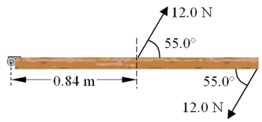 The drawing shows the top view of a door that is 1.68 m wide. Two forces are applied to the door as indicated. What is the magnitude of the net torque on the door with respect to the hinge?   A) 0 N . m B) 4.4 N . m C) 8.3 N . m D) 9.1 N . m E) 11 N . m