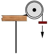 A 45-N brick is suspended by a light string from a 2.0-kg pulley. The brick is released from rest and falls to the floor below as the pulley rotates through 5.0 rad. The pulley may be considered a solid disk of radius 1.5 m. What is the angular speed of the pulley?   A) 17 rad/s B) 15 rad/s C) 9.4 rad/s D) 8.1 rad/s E) 7.3 rad/s