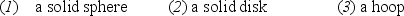 Consider the following three objects, each of the same mass and radius:   All three are released from rest at the top of an inclined plane. The three objects proceed down the incline undergoing rolling motion without slipping. In which order do the objects reach the bottom of the incline? A) 3, 1, 2 B) 2, 3, 1 C) 1, 2, 3 D) 3, 2, 1 E) All three reach the bottom at the same time.