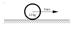 A 2.0-kg hoop rolls without slipping on a horizontal surface so that its center proceeds to the right with a constant linear speed of 6.0 m/s.   -Which one of the following statements is true concerning the angular momentum of this hoop? A) It points into the paper. B) It points out of the paper. C) It points to the left. D) It points to the right. E) It varies from point to point on the hoop.