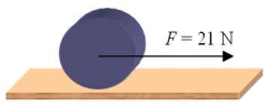 A steady horizontal force   of magnitude 21 N is applied at the axle of a solid disk as shown. The disk has mass 2.0 kg and diameter 0.10 m. What is the linear speed of the center of the disk after it has moved 12 m?   A) 9.0 m/s B) 13 m/s C) 16 m/s D) 22 m/s E) 44 m/s