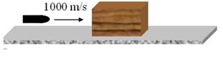 A 2.0-kg pistol fires a 1.0-g bullet with a muzzle speed of 1000 m/s. The bullet then strikes a 10-kg wooden block resting on a horizontal frictionless surface. The block and the embedded bullet then slide across the surface.   -What is the kinetic energy of the bullet as it travels toward the block? A) 100 J B) 500 J C) 1000 J D) 5000 J E) 10 000 J
