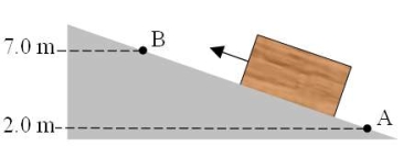 A 12-kg crate is pushed up an incline from point A to point B as shown in the figure. What is the change in the gravitational potential energy of the crate?   A) +590 J B) -590 J C) +1200 J D) -1200 J E) This cannot be determined without knowing the angle of the incline.