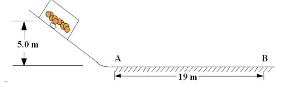  A 9.0-kg box of oranges slides from rest down a frictionless incline from a height of 5.0 m. A constant frictional force, introduced at point A, brings the block to rest at point B, 19 m to the right of point A.   -What is the coefficient of kinetic friction,  \mu <sub>k</sub>, of the surface from A to B? A) 0.11 B) 0.26 C) 0.33 D) 0.47 E) 0.52 