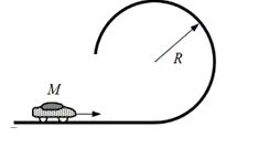 A small car of mass M travels along a straight, horizontal track. As suggested in the figure, the track then bends into a vertical circle of radius R.   -What is the minimum acceleration that the car must have at the top of the track if it is to remain in contact with the track? A) 4.9 m/s<sup>2</sup>, downward B) 4.9 m/s<sup>2</sup>, upward C) 9.8 m/s<sup>2</sup>, downward D) 9.8 m/s<sup>2</sup>, upward E) 19.6 m/s<sup>2</sup>, upward