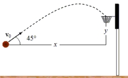 A basketball is launched with an initial speed of 8.0 m/s and follows the trajectory shown. The ball enters the basket 0.96 s after it is launched. What are the distances x and y? Note: The drawing is not to scale.   x y A) 5.4 m 0.73 m B) 7.7 m 0.91 m C) 5.4 m 0.91 m D) 5.7 m 0.73 m E) 5.4 m 5.4 m